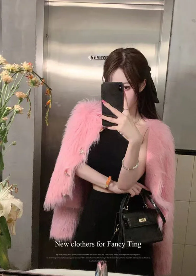 Cropped White Knitted Cardigan Women Korean Mink Cashmere Sweater Outerwear Black Long Sleeve Knitwear Winter Jumpers New