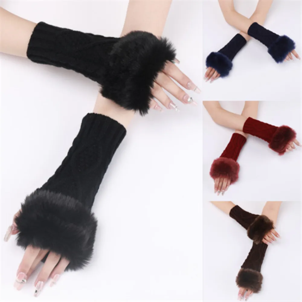Woman-Ladies-Furry-Fingerless-Gloves-Winter-Warm-Soft-Knitted-Mittens ...