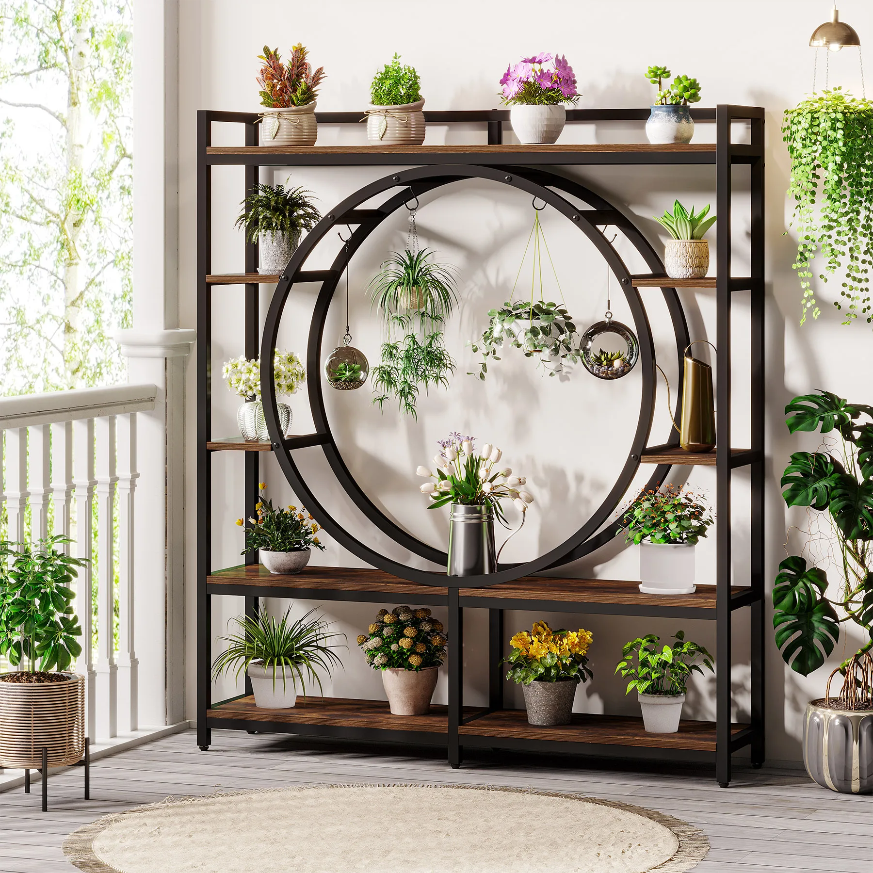 Tribesigns 5-Tier Tall Plant Stand Indoor, 59" Wide Large Metal Plant Stand with 4 Hanging Hooks, Multi-Tiered Shelf