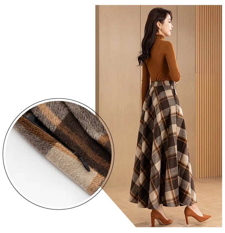iYeiheo Vintage Woolen Plaid Skirt Back View