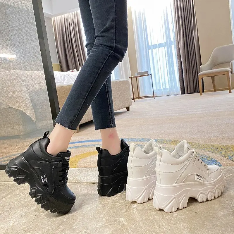 New Women Leather Platform Sneakers Spring Trainers White Shoes 9CM High Heels Wedge Outdoor Sport Shoes Breathable Casual Shoes 6