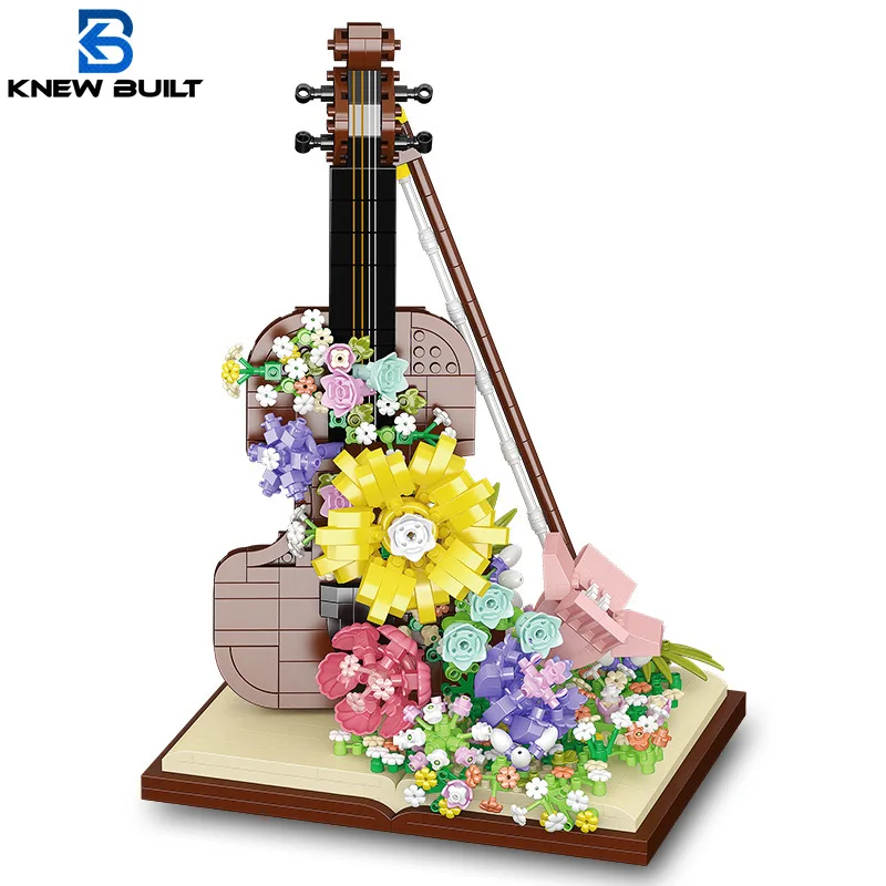 꿈결 같은 꽃 바이올린 미니 빌딩 블록 장난감 세트, 음악과 꽃 미학의 융합, 디테일한 디자인, 완벽한 선물