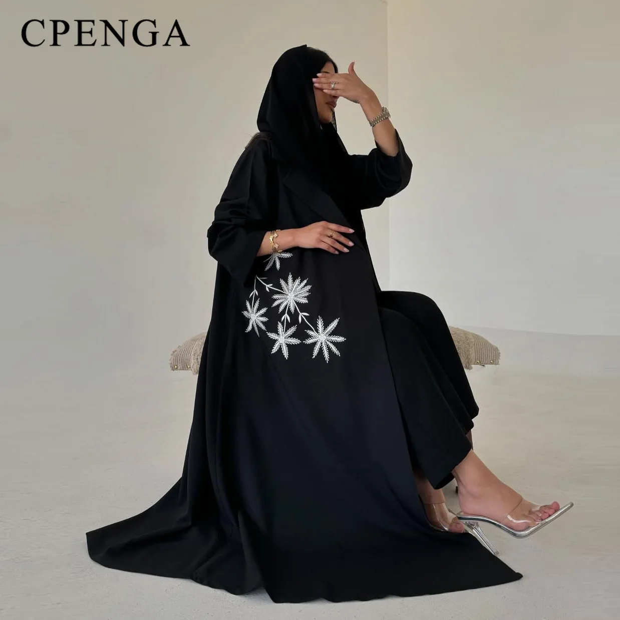 Black abaya dress modest from Middle East embroidered luxurious jacket in Dubai with pointed collar new in kaftan Turkish loose ro...
