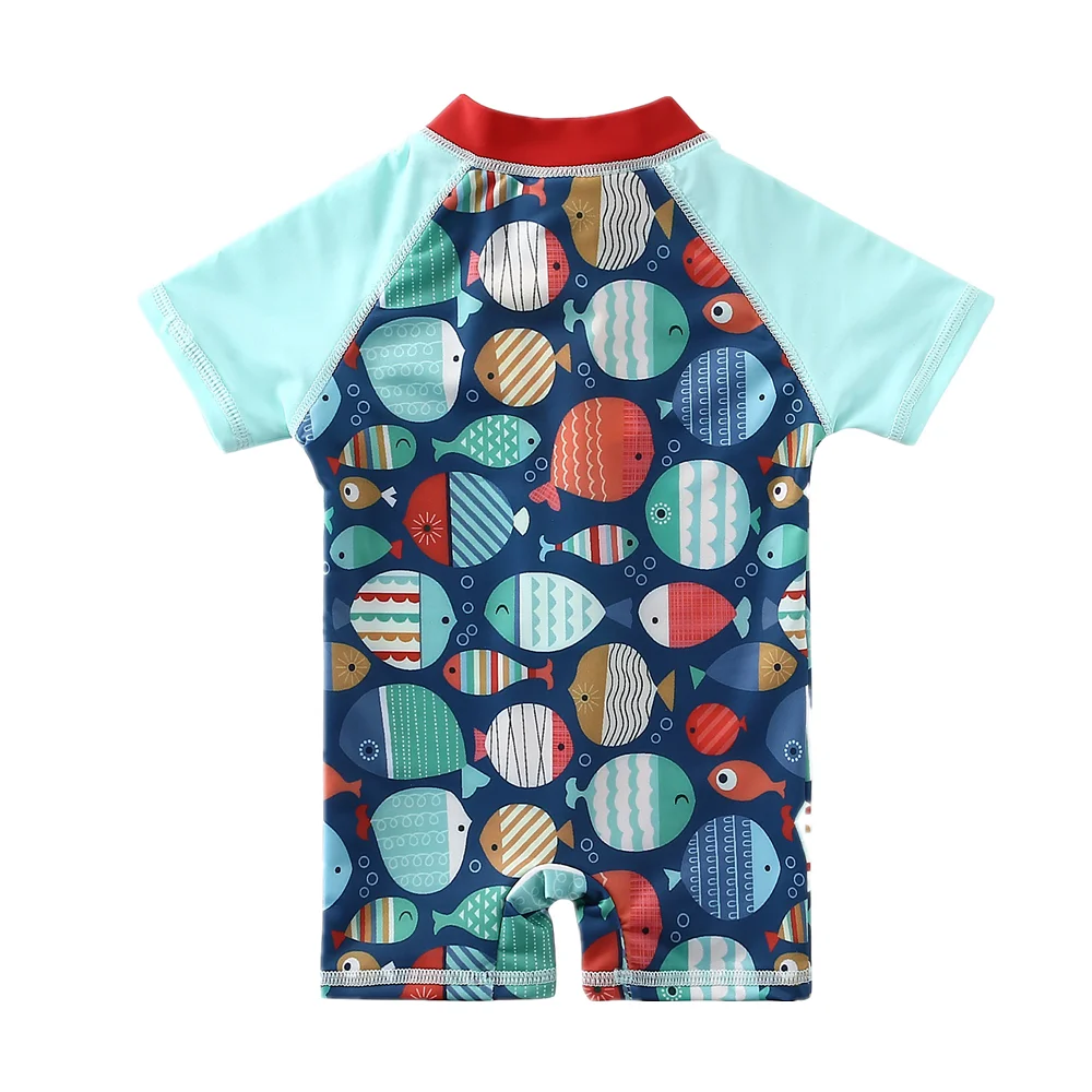 Wishere One Piece Swimsuit with Hat Baby Swimwear Boys UPF50+ Swimming Clothes Kids Short Sleeves Beachwear Children Sunsuit