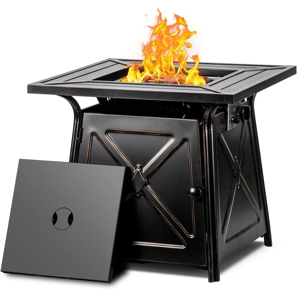 28" Propane Fire Pit Table,Gas Fire Pits Table for Outside,50000 BTU Propane Pit with Lid &Lava Rocks,Gas Firepit for Garde