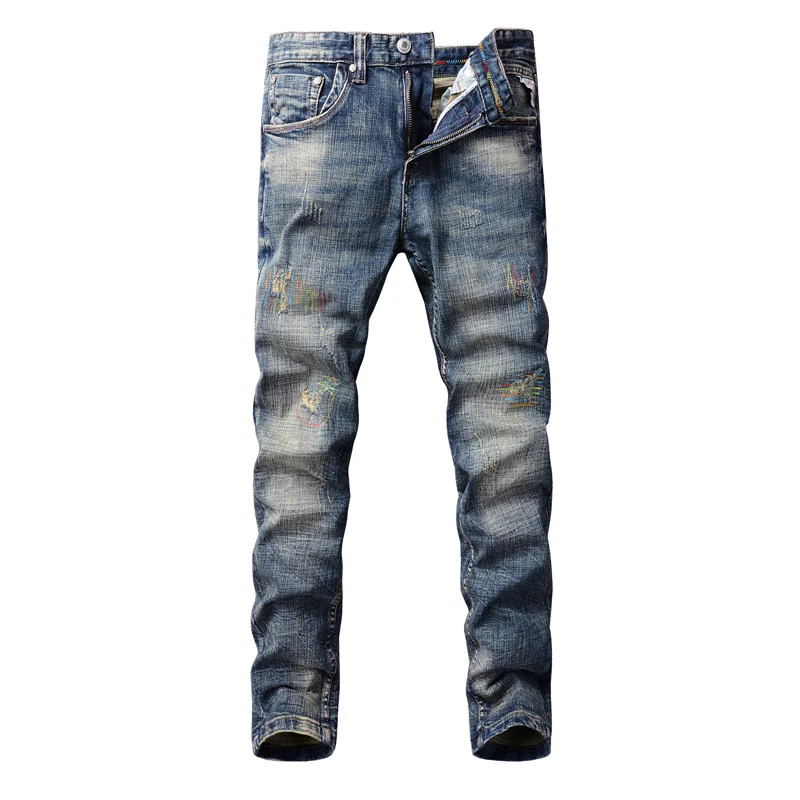 Vintage Fashion Men Jeans Retro Blue Slim Fit Stretch Ripped Jeans Men Embroidery Patchwork Designer Casual Denim Pants Hombre