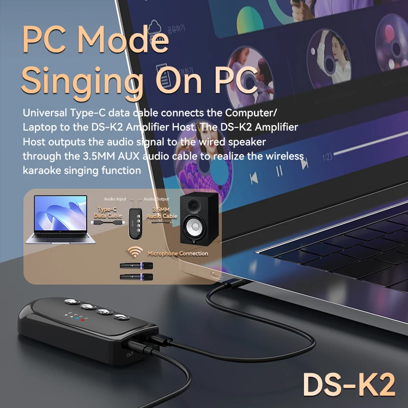 VAORLO DS-K2 가라오케 컴패니언 Bluetooth 5.3 무선 이동 코일 마이크 RGB 다채로운 빛 KTV DSP 믹서 시스템 유선 스피커/자동차 키트/PC/TV/전화용 3.5MM AUX Type-C