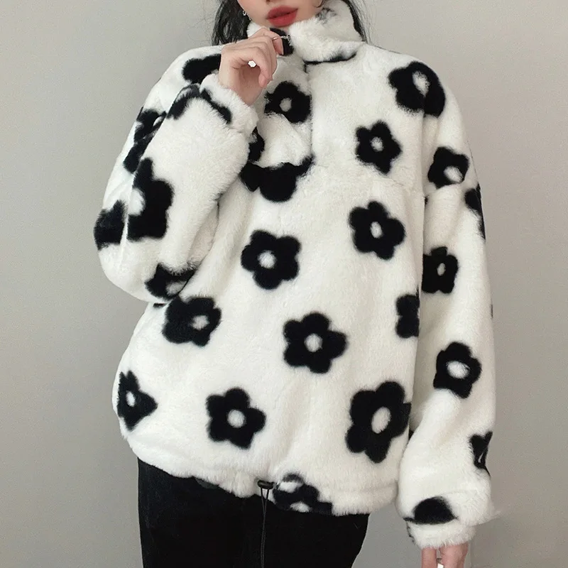 Winter New Women's Sweater Coat Fashion Contrast Color Flower Plush Long-sleeved Pullover Sweater Casual Half Zipper Loose Lapel