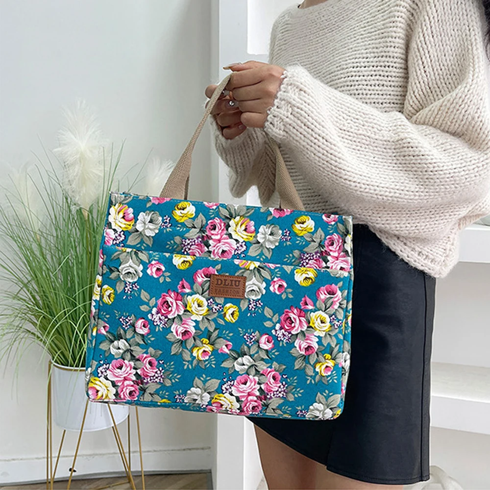 Bento Bag For Picnic Travel Fashion Floral Print Tote Bag Portable Canvas Lunch Bag Women's Casual Handbag lunch bag