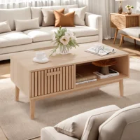 Table basse Fangange, table d'appoint, table de canapé, table de salon, panneau de porte en rotin respirant et pieds hauts, étagères de rangement ouvertes, patins antidérapants, pieds en bois massif, couleur bois naturel 3