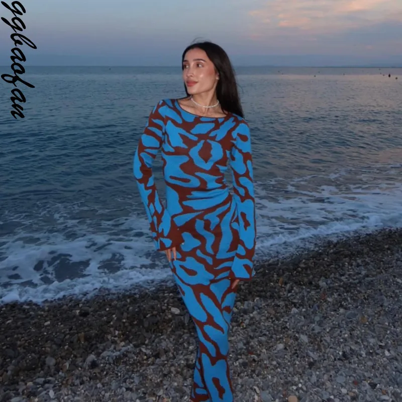 

Ggbaofan Elegant Knitted Long Sleeve Maxi Dress Casual Fashion Outfits Jacquard Warm Dress Outfits Clothes Autumn Winter