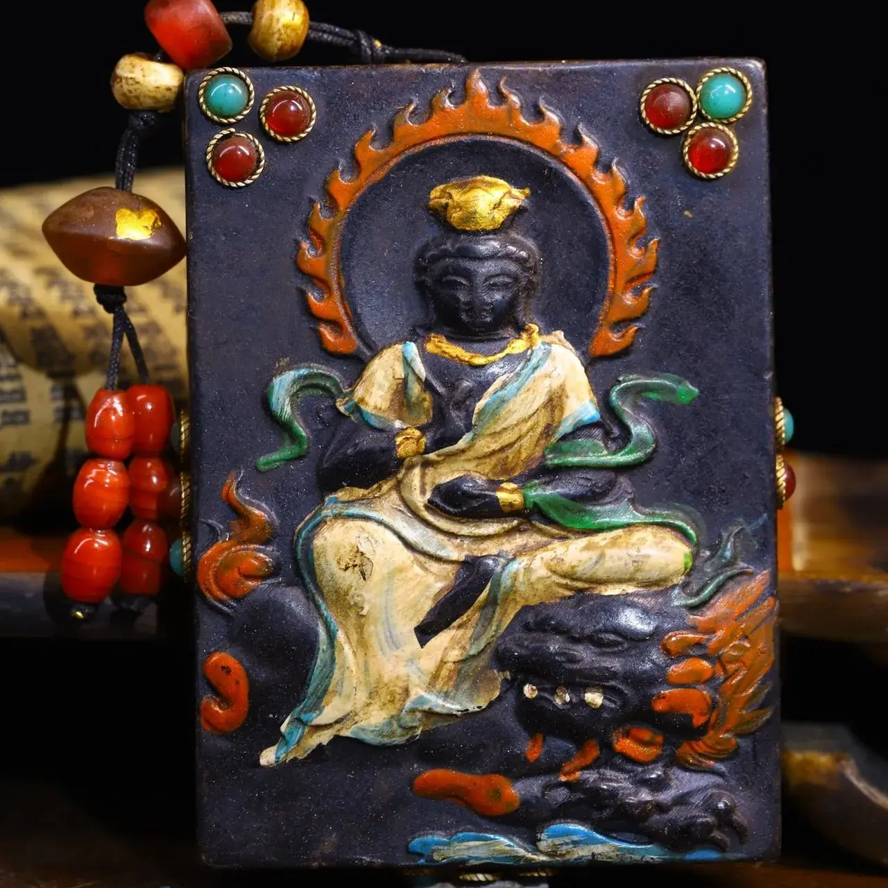 

3"Tibetan Temple Collecti Old Natural Meteorites Mosaic Gem gZi Bead Shell Manjushri Bodhisattva Buddha Plaque Amulet Pendant