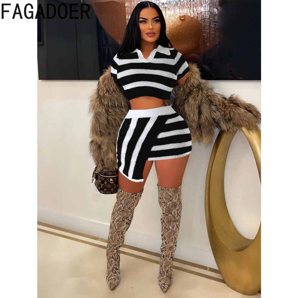 FAGADOER Fashion Knitted Strip Printing Irregular Mini Skirts Two Piece Sets Women V Neck Short Sleeve Crop Top + Skirts Outfits