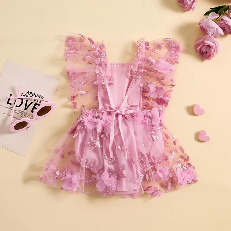 

Infant Baby Girl Princess Romper Dress Leaf Embroidery Sleeveless Square Neck Summer Baby Jumpsuit Mesh Lace Bodyuits