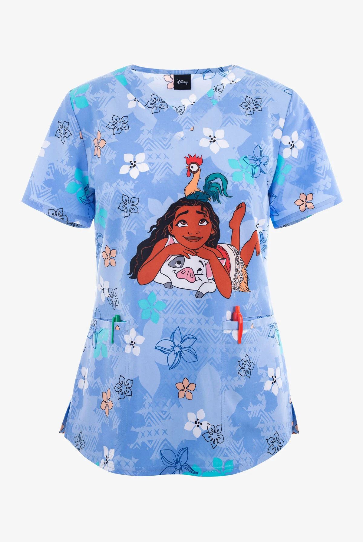 Beach Buddies Moana Women's 2 Pocket V Neck Print Scrub Top Marie The Cat Cartoon Scrub Top T