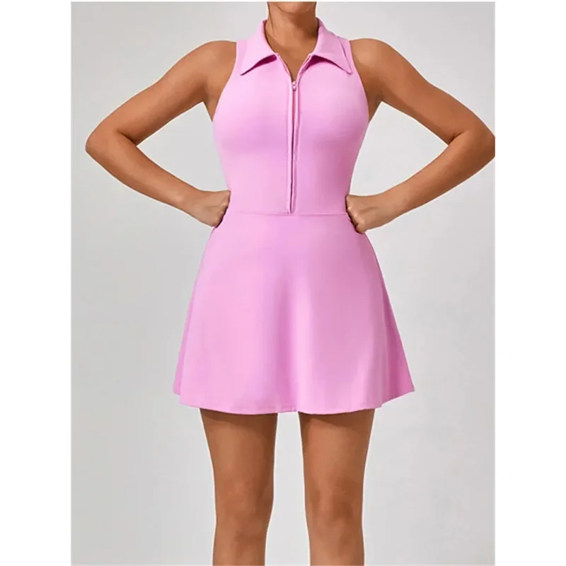 Women's Tennis Dress Women Turn Down Collar Front Zipper 2-in-1 Golf Sports Tight Dress Fitness Workout Running Pocket Skort