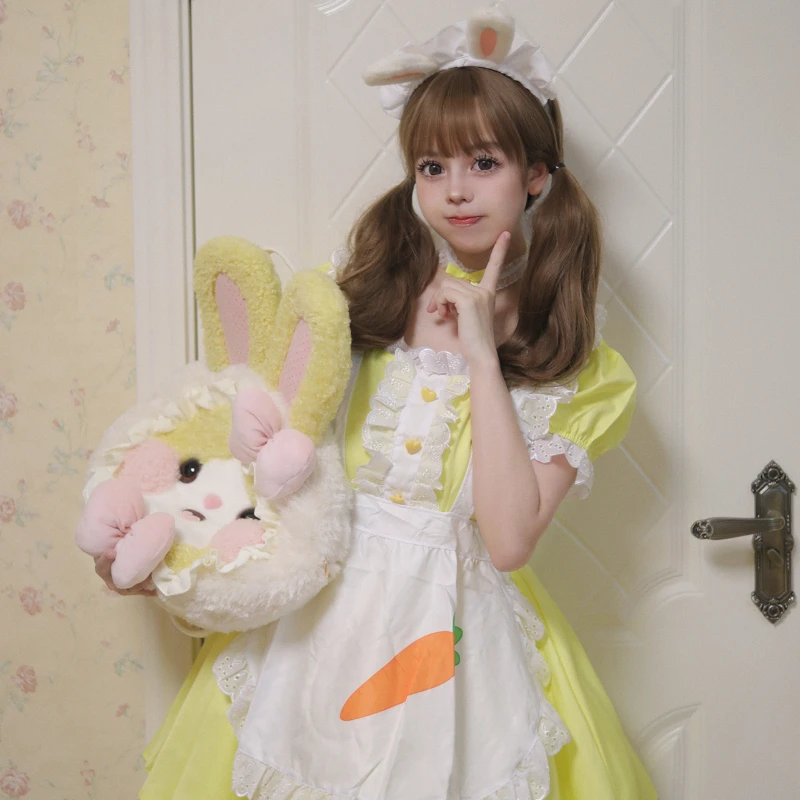 New Cosplay Yellow Color Maid Dress with Apron Coffee Servant Dress Up Square Neck Anime Lolita Cosplay Costume Women Uniform