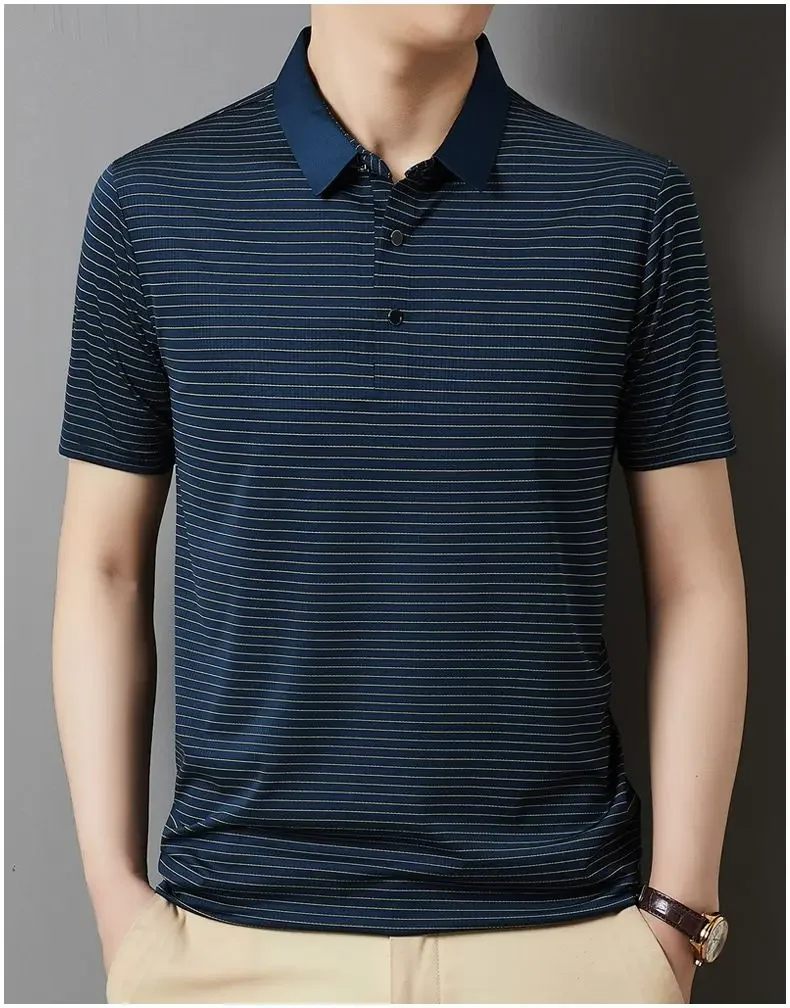 Dad's Top Summer Ice Silk Men's Thin Versatile Breathable Striped POLO Shirt Dad's Casual Short-sleeved Top 17 Se223fe10ba8d4509b882cc124f2958e9B