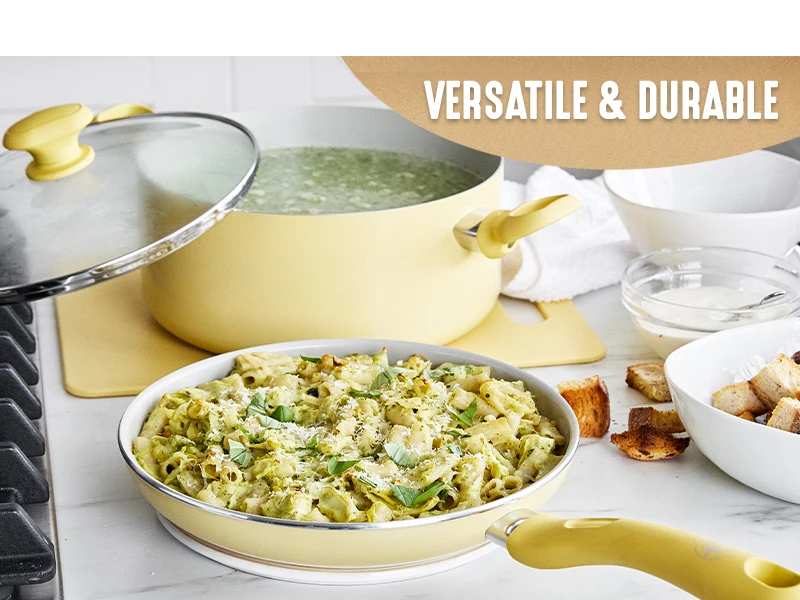 GreenLife, color, easy release, durable, versatile, colorful, PFAS, clean cookware, pots and pans
