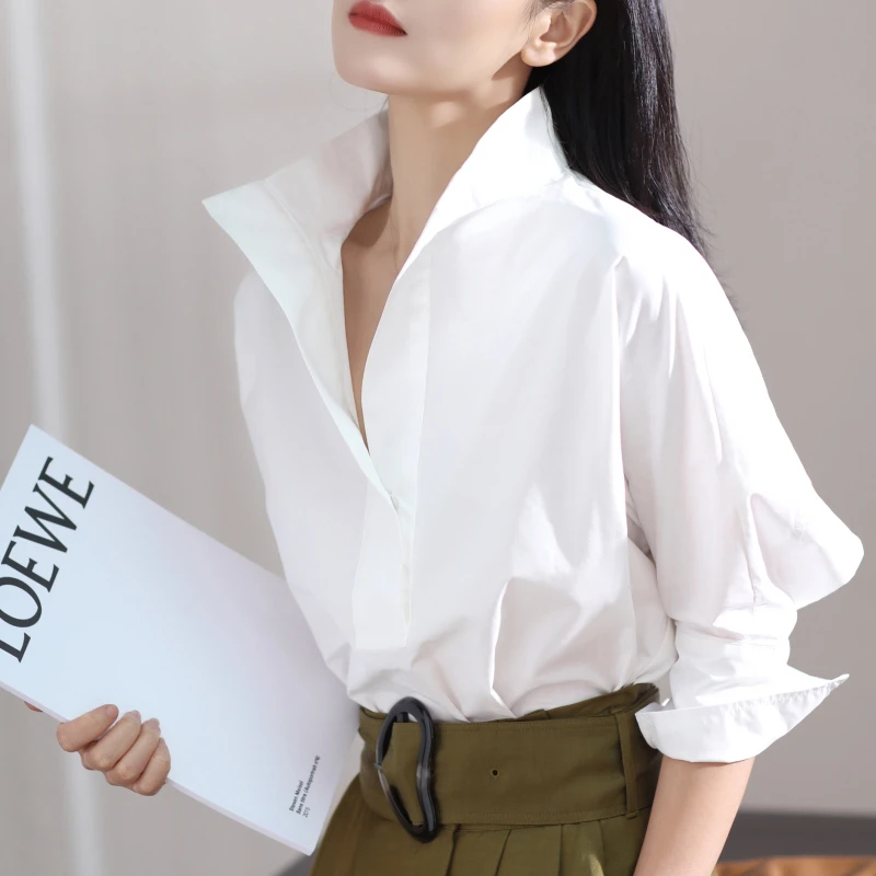 Blusa informal holgada de manga tres para mujer, camisa Harajuku blanca con cuello vuelto, estilo OL, 2022 H, novedad de 567|Camisa| - AliExpress
