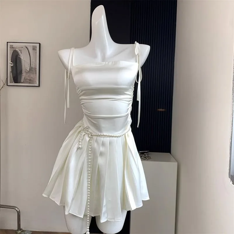 

Sweet Spicy Girl Hanging Strap Pleated Dress Women Lace Up Collarbone Shirring Solid Slim Summer Party Chic Temperament Wear New