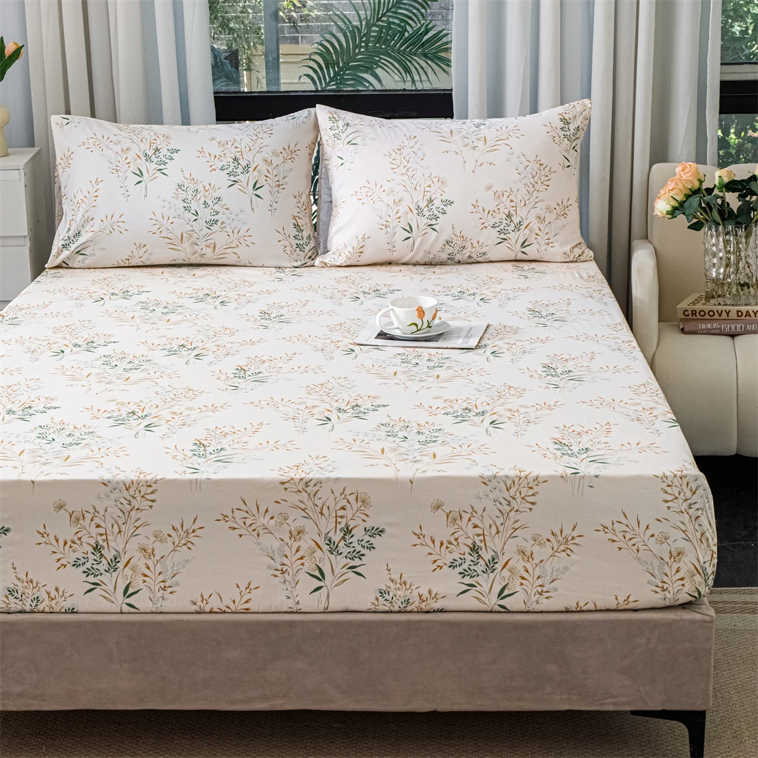 friench garden fitted sheet pillow case set bedding protector dust proof functional bed linen 25cm deep 1