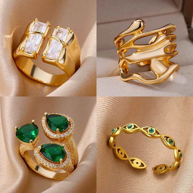 Anelli con zirconi quadrati irregolari per donna, anello di apertura geometrico in acciaio inossidabile, tendenza, gioielli da festa per matrimonio, regalo 2025_voghion.com
