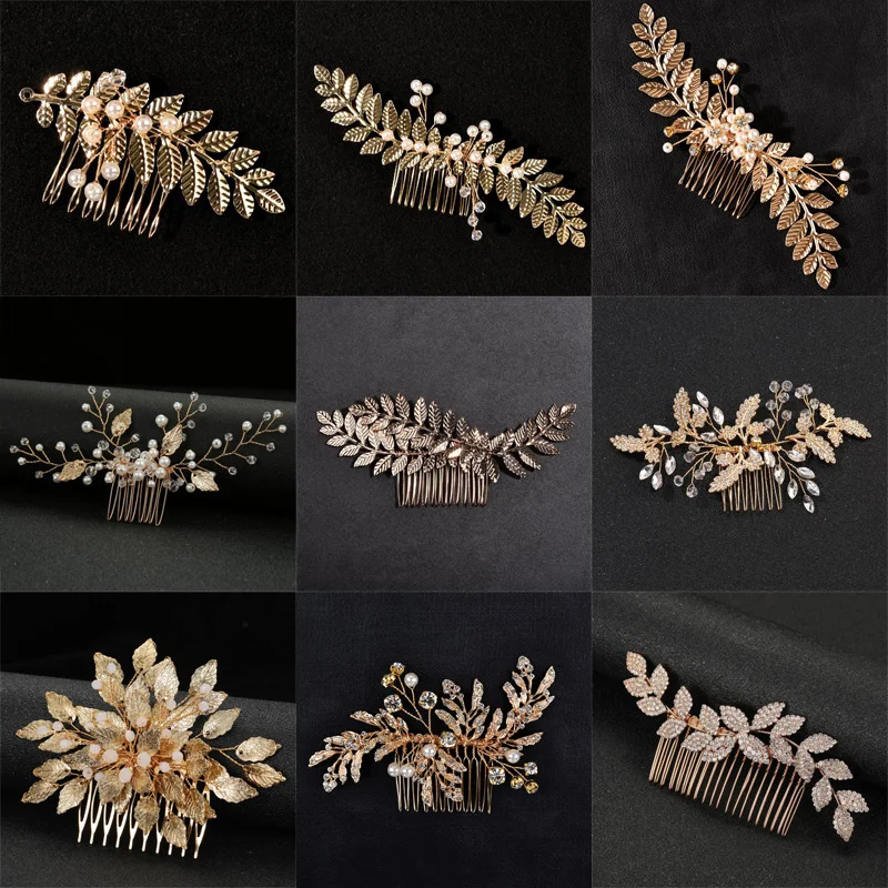 Gold Color Leaf Hair Combs Jewelry Rhinestone Pearl Hair Comb Tiaras Women Headpiece Wedding Bridal Hair Jewelry Accessories