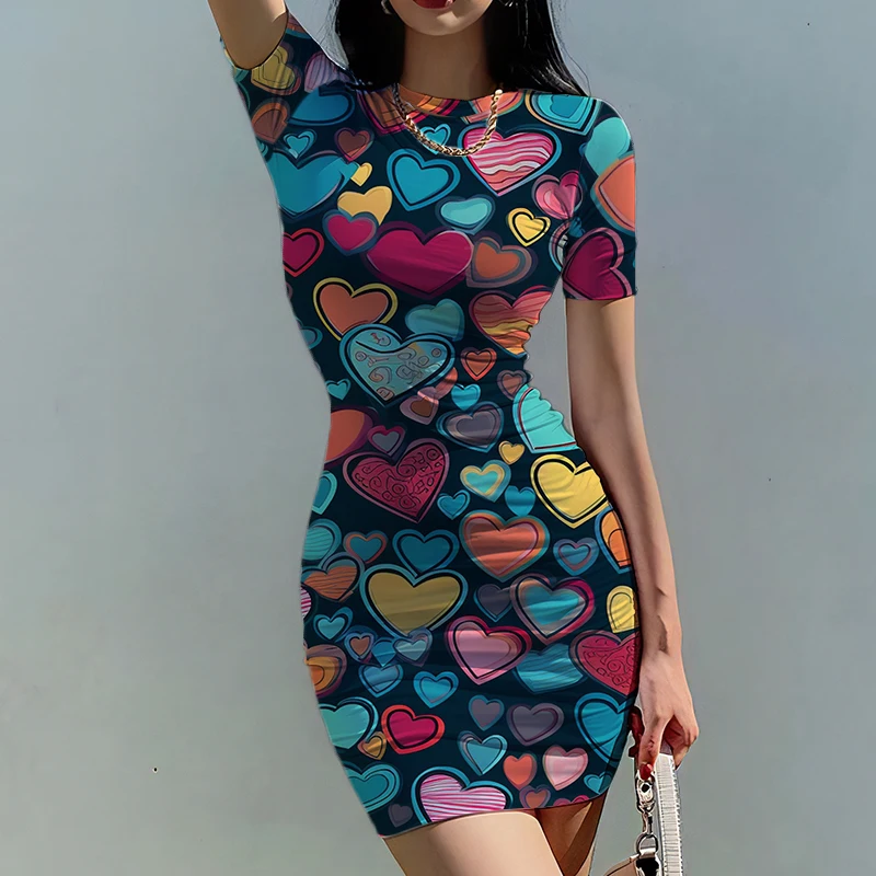Summer New Lady Slim Dress Love Heart 3D Printed Lady Dress Beautiful Lady Slim Dress Fashion Trend Lady Slim Dress