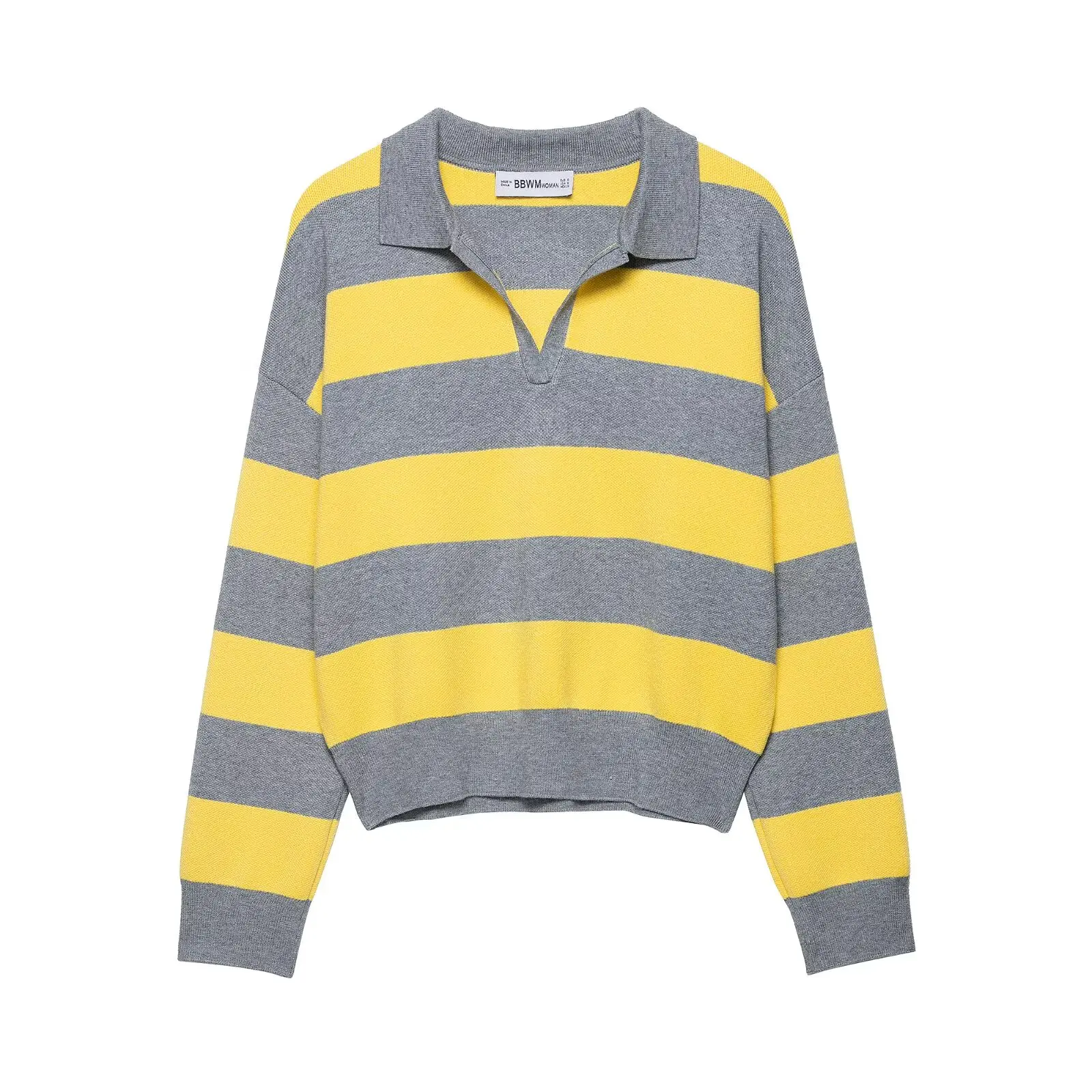 Women Striped Knitted Sweaters Lady Spring Autumn High Street Chic V-Collar Pullover Female Full Sleeve Vintage Style Polo Tops