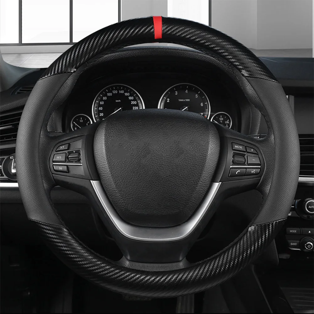 

Carbon Fiber +Leather Car Steering Wheel Cover 38CM Non-slip Wear-resistant Sweat Absorbing Fashion Sports Steering Wheel Cover