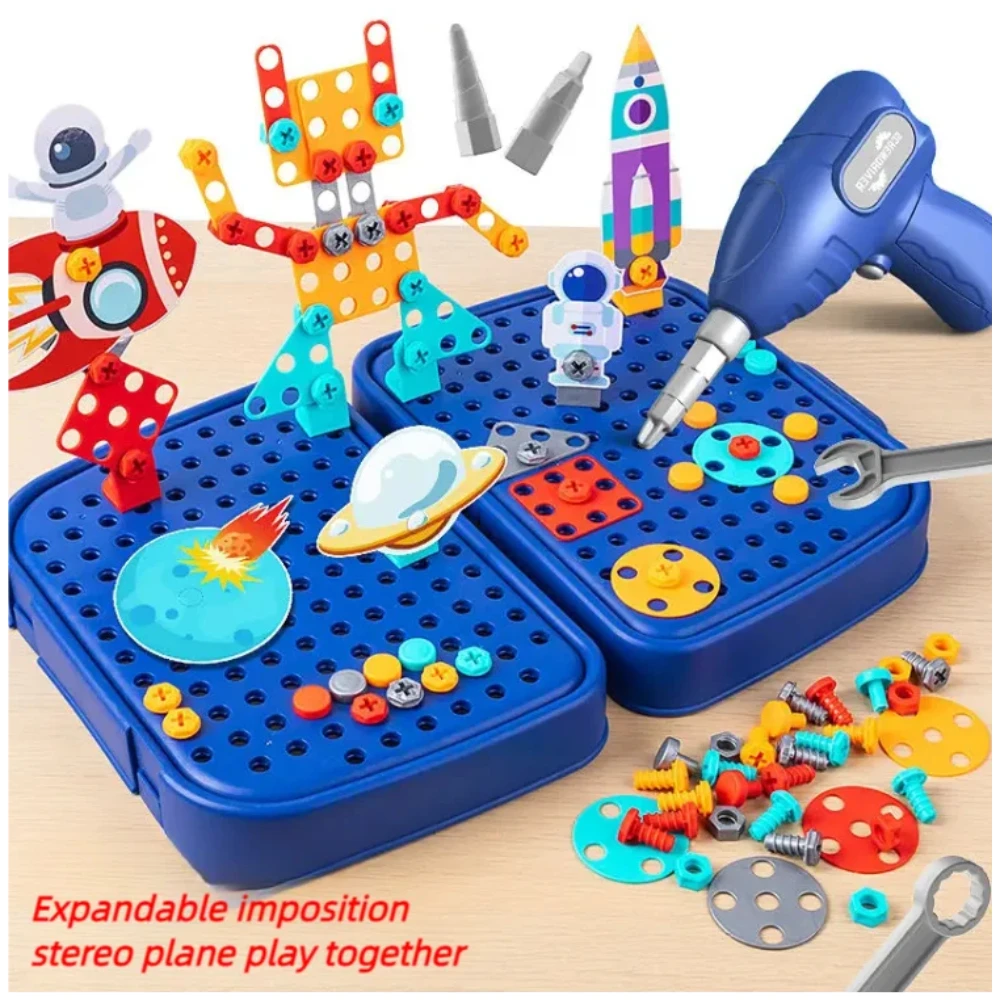 WizKidz Electric DIY Drill STEM Puzzle Toy Set Creative Drill Kit 2D/3D Educational Building Tool Kit for Boy&girl Pretend Play