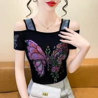 جديد السيدات شبكة تي شيرت مصمم فراشة الساخن الماس المرأة بلايز الصيف مثير خارج الكتف تيز بلوزة قمصان الملابس 4