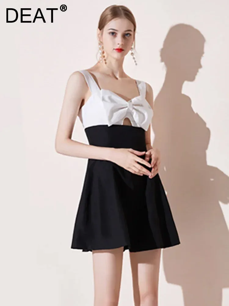 

DEAT Elegant Dress Slip Camisole Collar Sleeveless Patchwork Contrast Color Bow Women's Dresses 2024 Spring New Tide 13DB3342