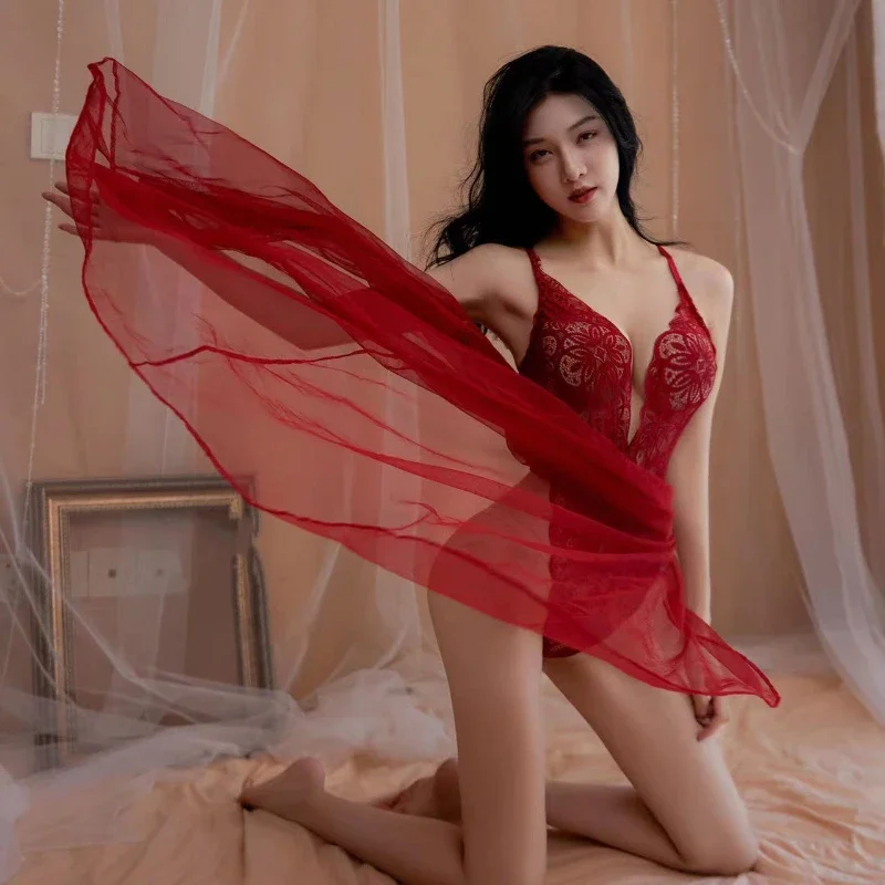Sexy Women Sleepwear Long Robe Nightgown Ladies Gowns Deep V Night Dress Lace Lingerie Lace Robe Clothing Nightgown Femme - 3