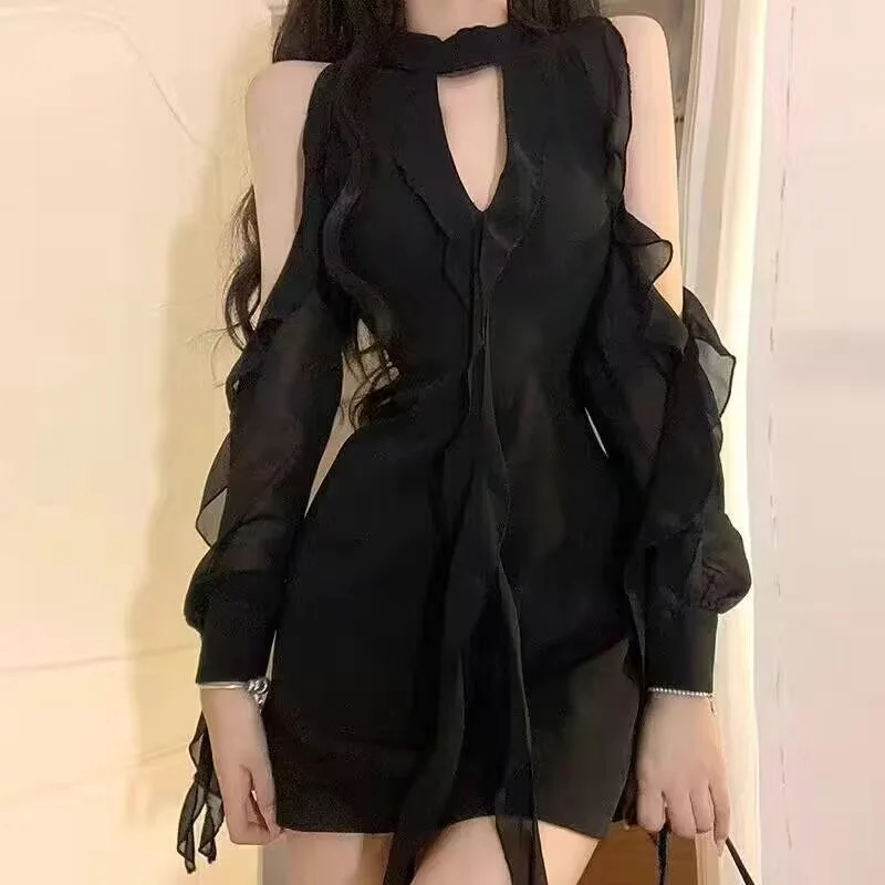 

HOUZHOU Black Sexy Chiffon One-piece Dress Women Elegant Ruffle Mesh Mini Dress Fairycore Sweet Luxury Bodycon Chic Korean Style