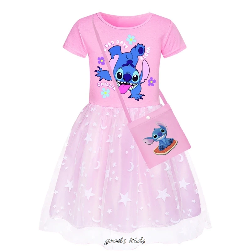 Vestido de malha arco-íris Lilo e Stitch para bebês, roupas infantis de manga curta, fantasia de princesa, vestido de verão fofo infantil