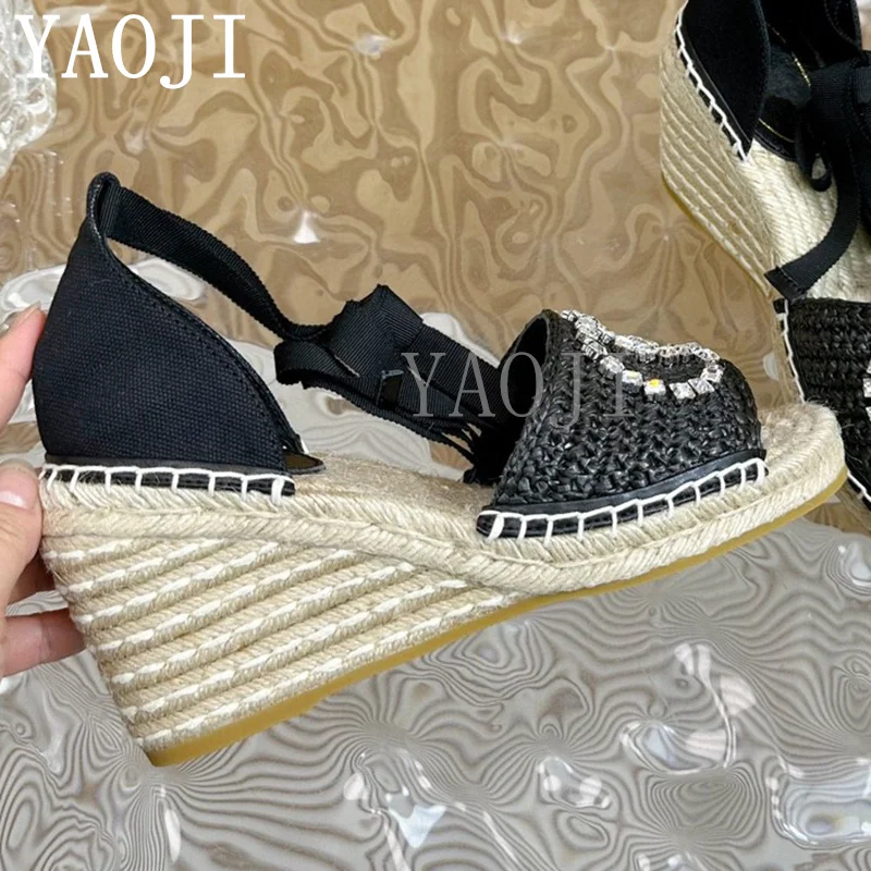 

Summer Wedges Heel Crystal Open Toe Sandals Thick Soles Hollow Out Ankle Straps Sandalias Versatile Daily Casual Dress Shoes