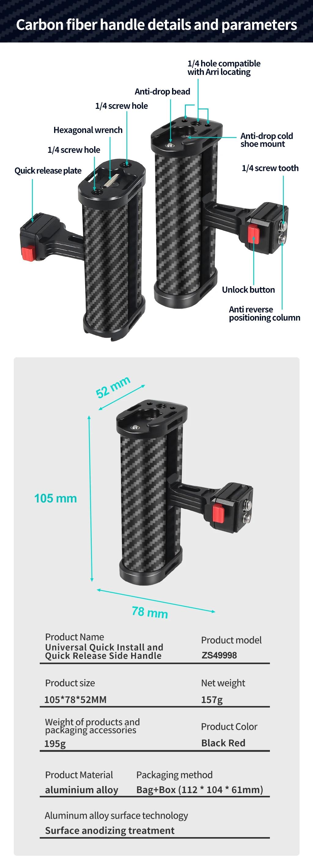 Universeller kamera käfig seiten griff für sony canon dslr kamera käfig handgriff 1/4 arri loch kalte schuh halterung für mikrofon video licht – Detail 9