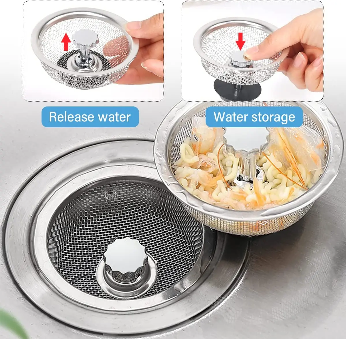 Description Picture 4 of item1-3PCS Kitchen Sink Filter Stainless Steel Mesh Sink Strainer With Handle & Stopper Sink Drains Basket Filters Waste Hole Trap