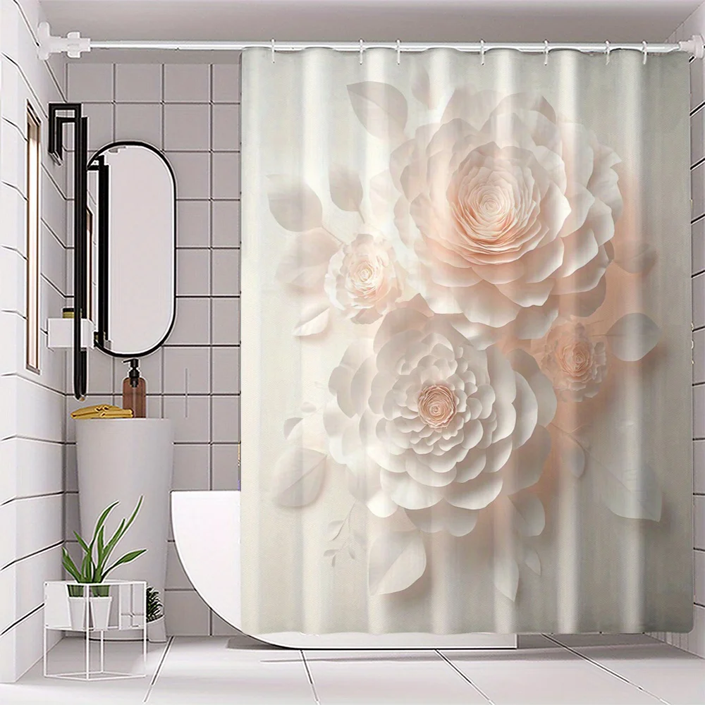 וילון מקלחת - עיצוב פרחוני לבן אלגנטי עם רקע גרדיאנט רך לחווית חדר אמבטיה עמיד למים