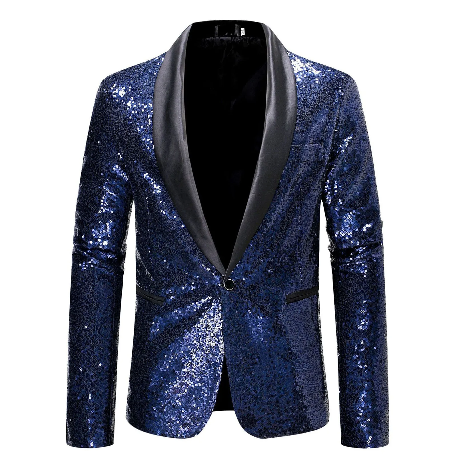 

Black Sequin One Button Shawl Collar Suit Jacket Men Bling Glitter Nightclub Prom Dj Blazer Jacket Men Stage Clothes For Singers