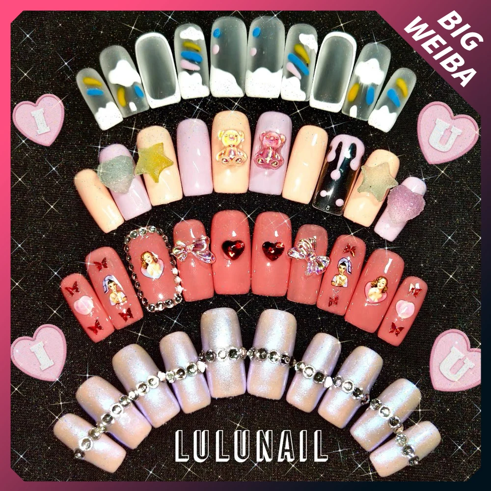 

Autumn Winter New Cartoon Nail Art Hello Kitty Cinnamoroll Rhinestone Bowknot Quadrate Coffin Nails Woman Party Nails Gift
