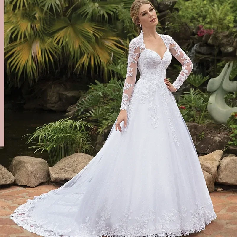 

Vintage Italian white bridal dress Lace applique long sleeve tulle sweetheart Sweep Train Saudi Arabian trouw jurken dames