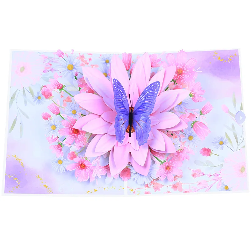 2024 New Pink Flower Butterfly Card Paper Pop-Up biglietti di auguri Festival compleanno 3D Card Gift Memorial Day Cards Lovers Gift