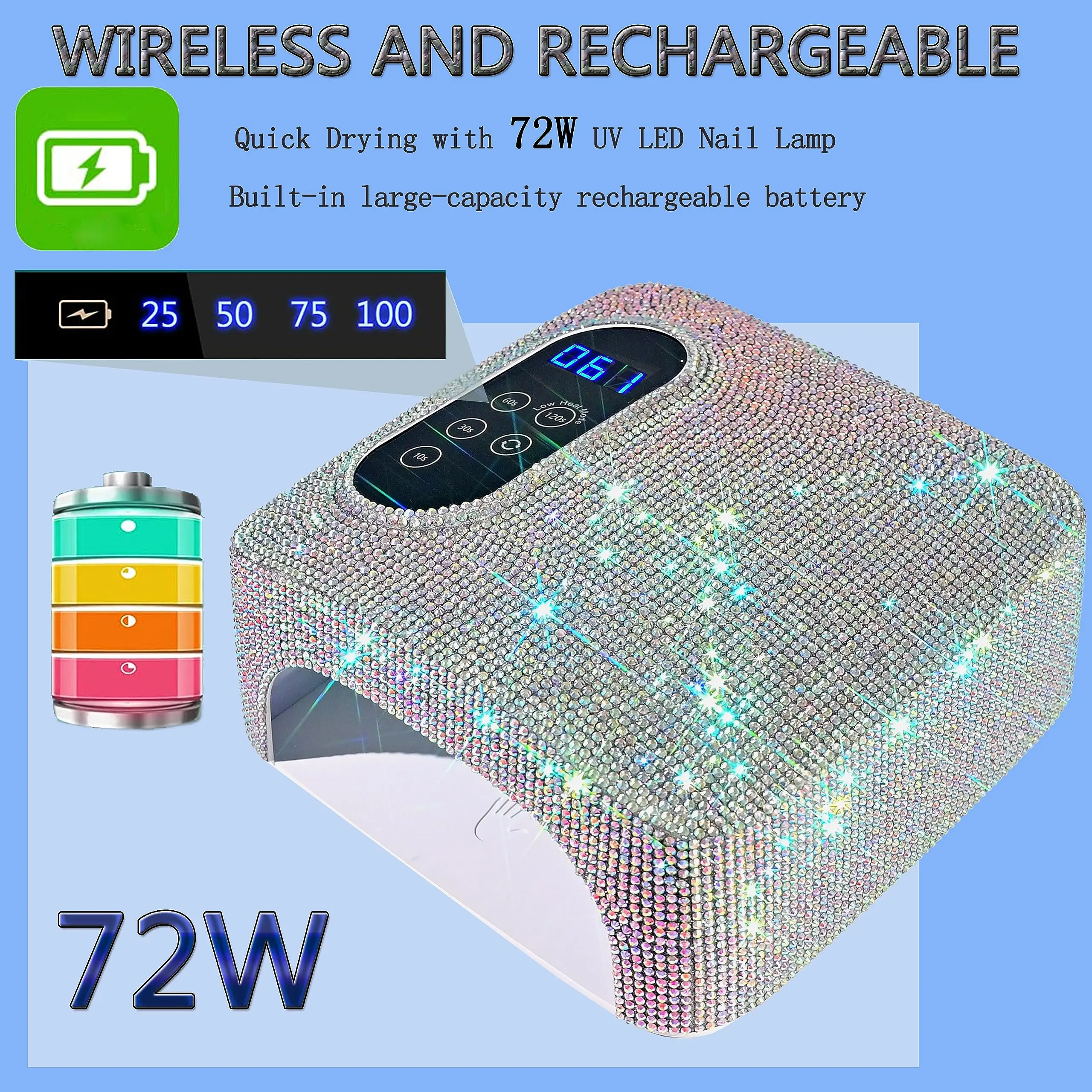 Rechargeable UV LED Nail Lamp 72W Wireless Nail Dryer with Crystals Professional UV Cabin for Gel Nails Dryer Manicure Lamp 3