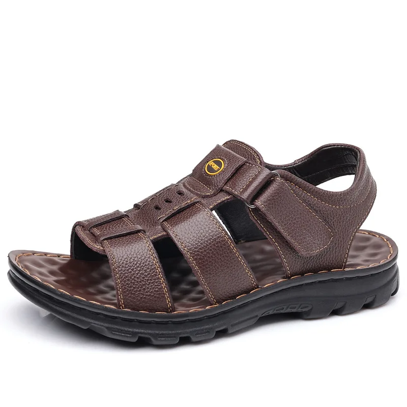 Summer Designer Men Genuine Leather Sandals Hook & Loop Outside Men Cow Leather Slippers Soft-soled Male Casual Sandals No Slip