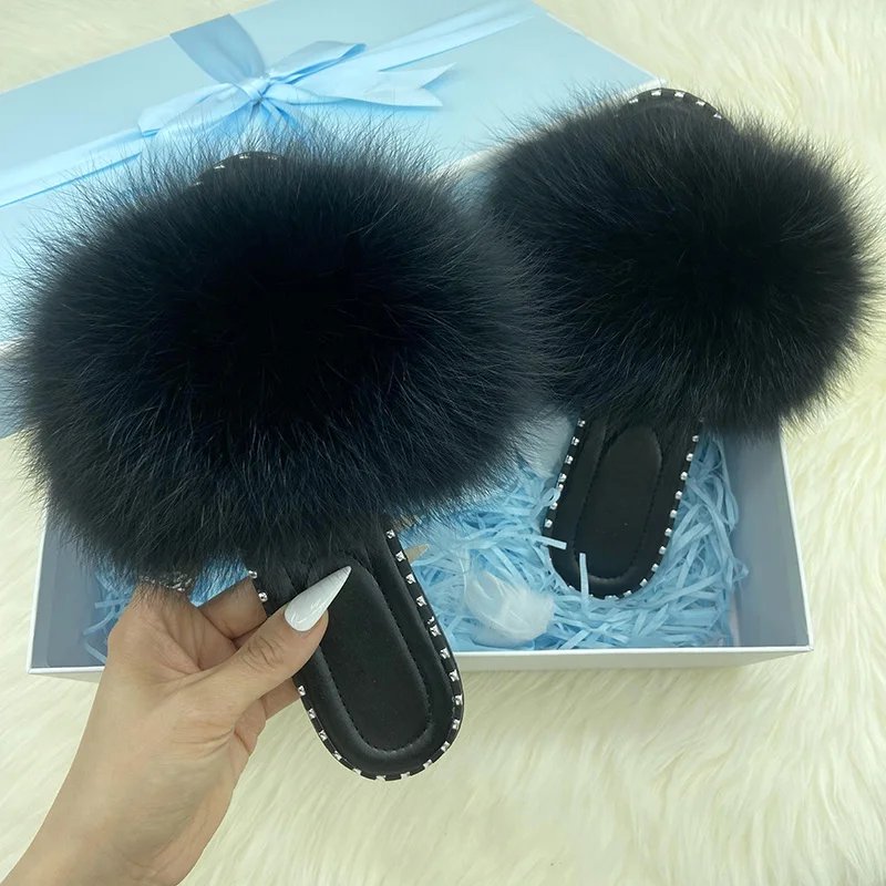 Flip Flops Women Summer Real Fur Flat Slippers 100% Natural Luxury Fox Fur Slides Ladies Rivet Jelly Shoes Furry Slides Sandals