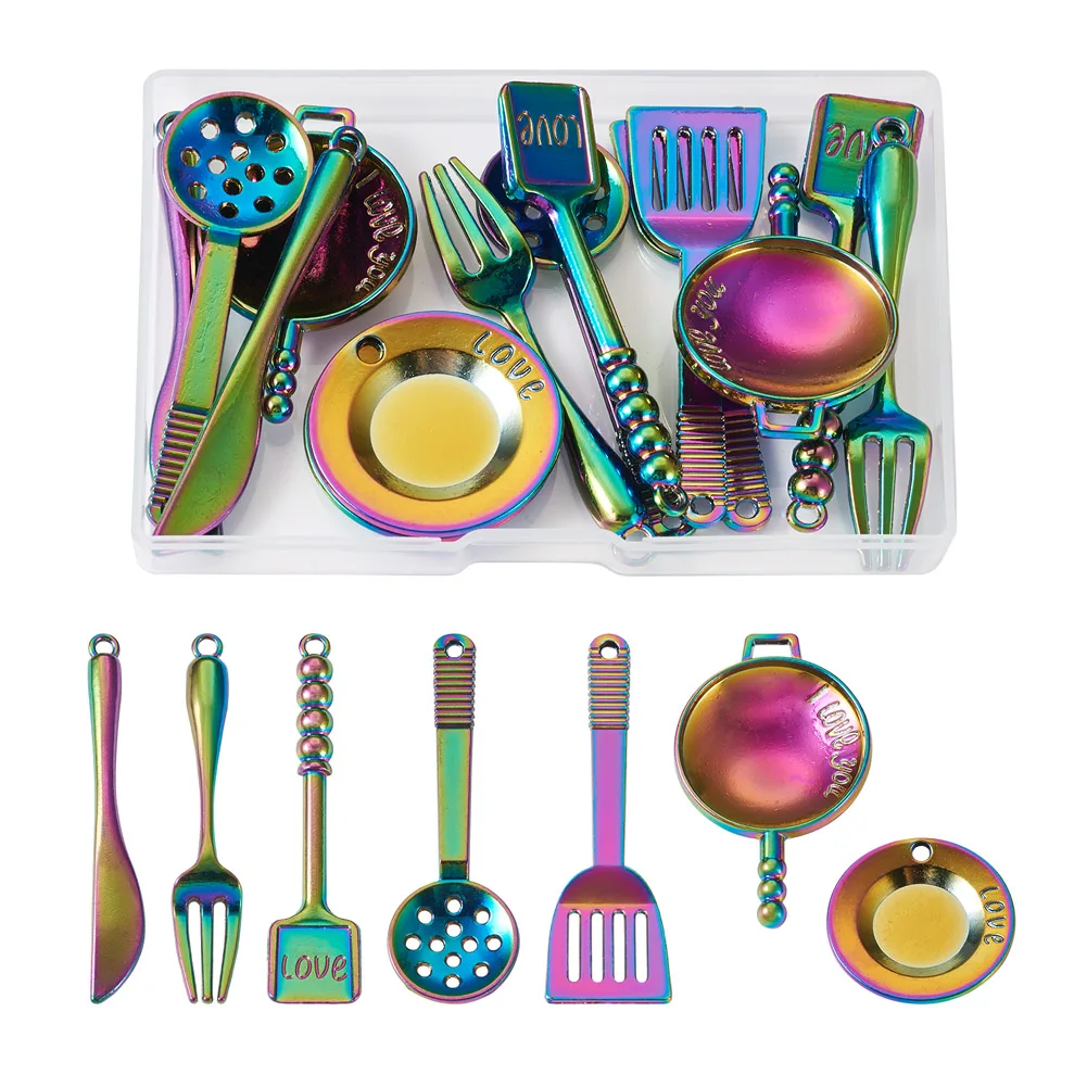 

Посуда из сплава радужного цвета, 14 шт./коробка, подвеска, блюдо, вилка, нож, подвески для ожерелья, серег, браслета, фурнитура для изготовления ювелирных изделий