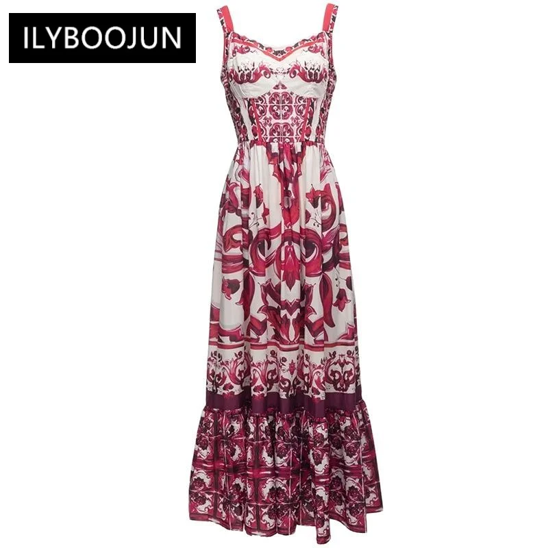 

Fashion Designer Summer Vintage Dress Women Spaghetti Strap Sleeveless Flowers Print Elegant Party Backless Dresses